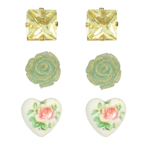 Porcelain Hand Painted Heart Glitter Rose Topaz Stud Earrings Set - Picture 1 of 5
